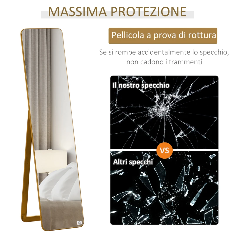 HOMCOM Specchio da Terra e da Parete con Struttura in Legno, Supporto Pieghevole con Cerniera, 37x43x156cm, Noce Chiaro
