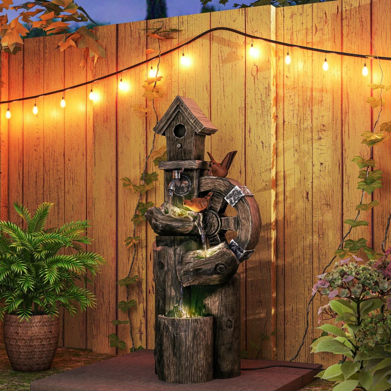 Outsunny Fonte de Jardim 2 em 1 com Casa para Pássaros Fonte de Água com Luzes LED Bomba Fonte Decorativa com Troncos de Árvore Multicor