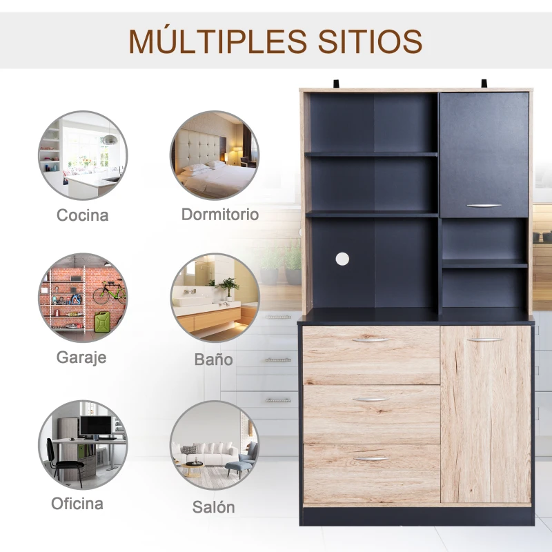 HOMCOM Armario Alacena Buffe Aparador de Cocina Mueble Auxiliar Organizador 5 Estantes 3 Cajones 2 Puertas 90x39x169cm Roble y Negro Madera