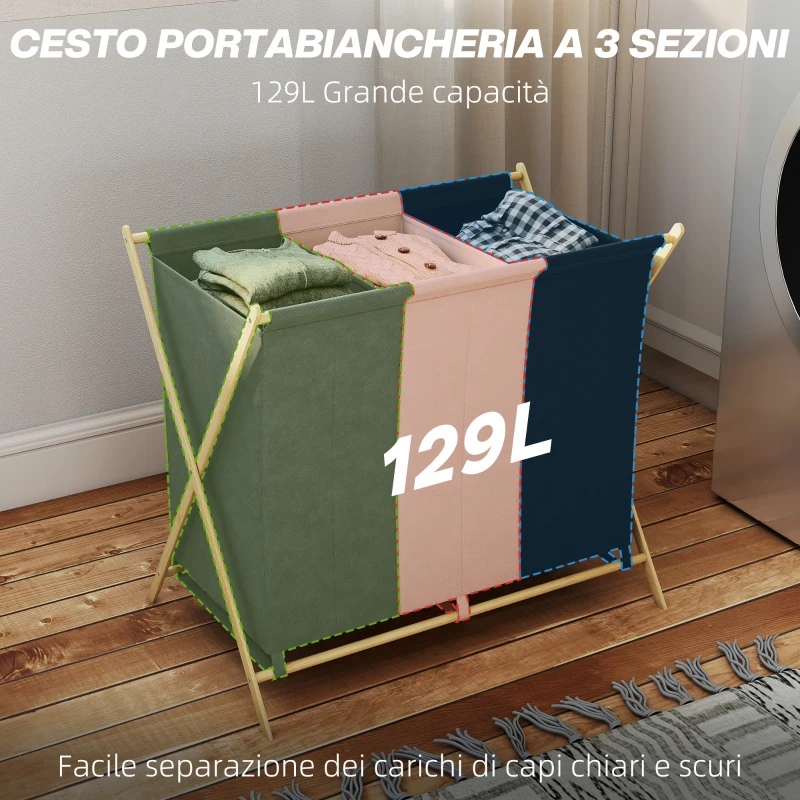 HOMCOM Cesto Portabiancheria Pieghevole a 3 Scomparti, in Bambù e Tessuto Effetto Lino, 75x48x67 cm, Multicolore