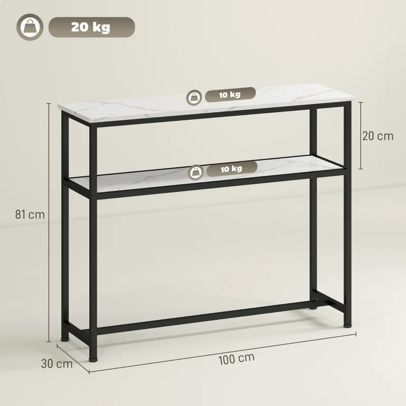 HOMCOM Consola Recibidor Estrecha con Superficie con Efecto Mármol Estante Abierto y Marco de Metal 100x30x81 cm Blanco
