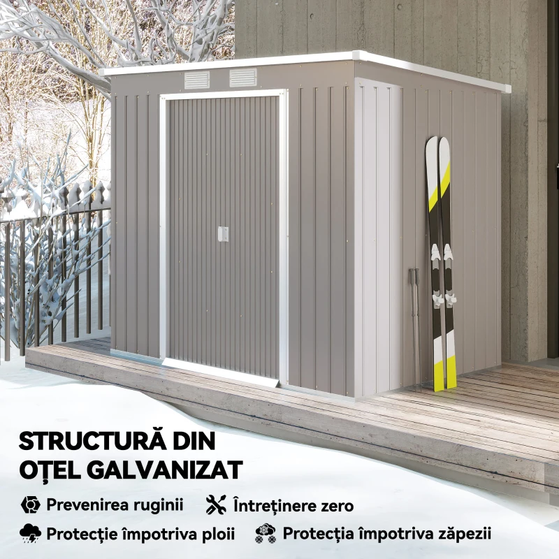 Outsunny Magazie de Grădină pentru Unelte cu Acoperiș Înclinat, Intrare Dublă și Prize de Aerisire, 213x130x172 cm, Gri(m-4)