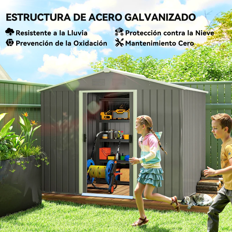 Outsunny Cobertizo de Jardín Exterior 3,6 m² 236x174x190 cm con 2 Puertas Correderas Techo Inclinado y 4 Ventanas Gris Claro