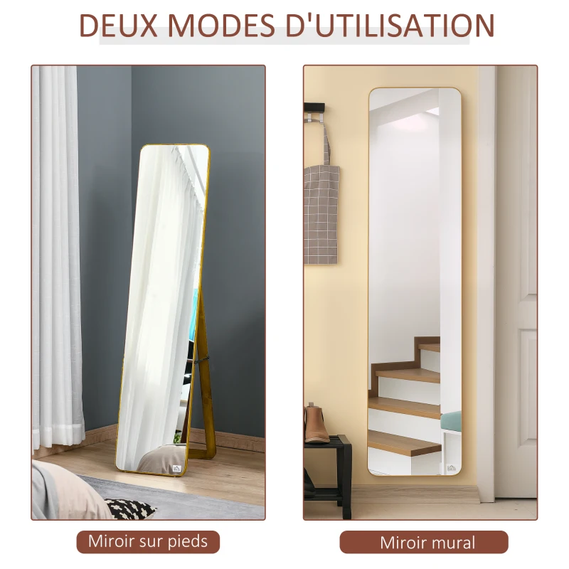 HOMCOM Grand miroir pleine longueur rectangulaire, 37 x 160 cm - miroir sur pied ou mural - pour chambre à coucher, salon et dressing, noyer clair