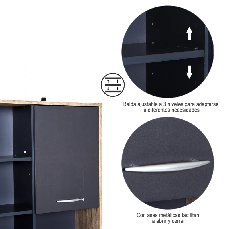 HOMCOM Armario Alacena Buffe Aparador de Cocina Mueble Auxiliar Organizador 5 Estantes 3 Cajones 2 Puertas 90x39x169cm Roble y Negro Madera