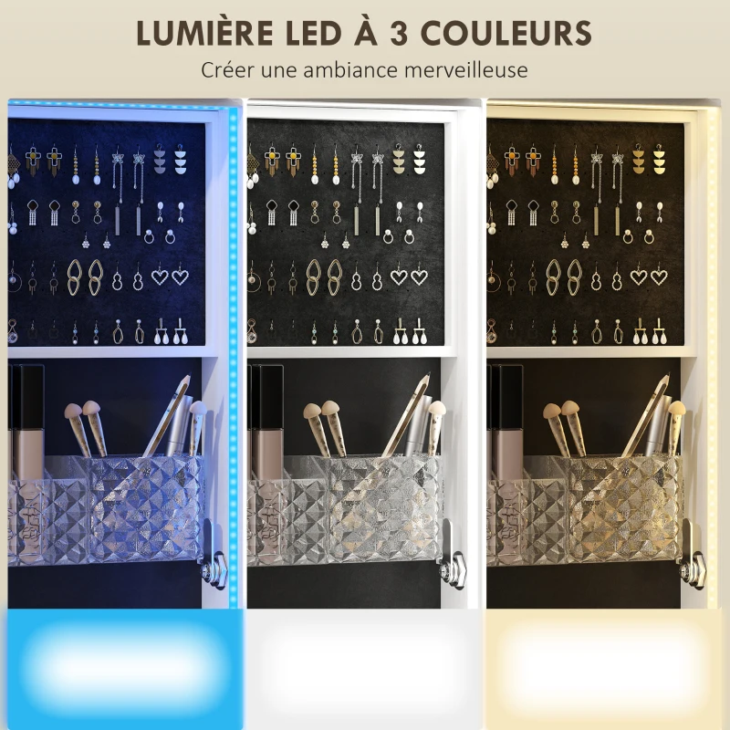 HOMCOM Armoire à bijoux armoire avec miroir sur pied pivotante à 360° éclairage LED 37x40x165,5cm cadre blanc, doublure noire