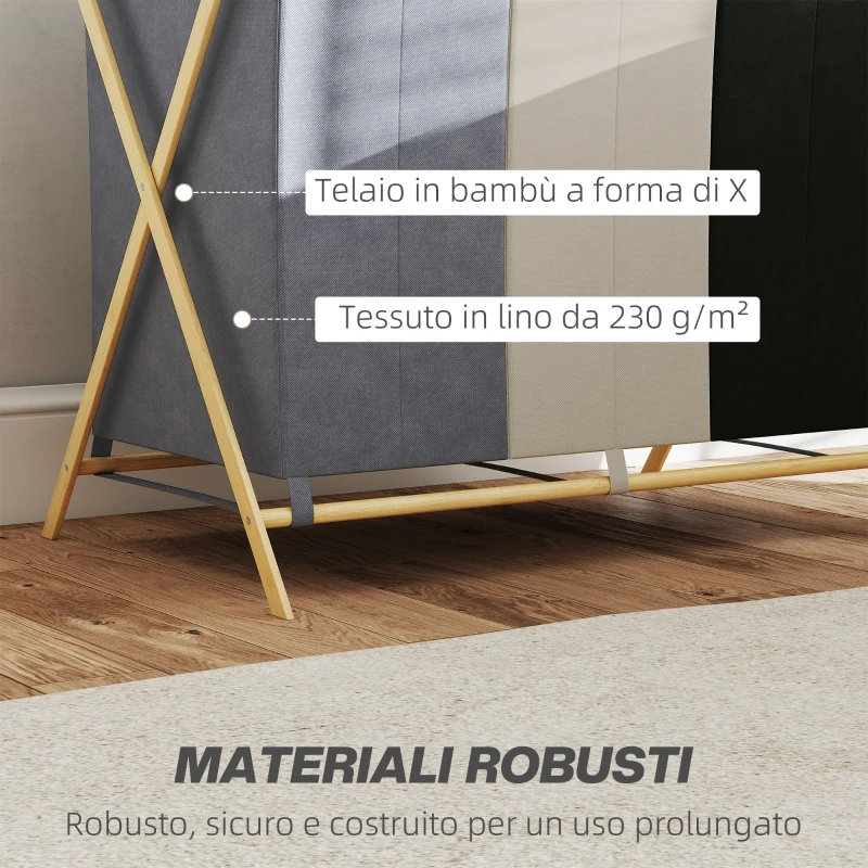 HOMCOM Cesto Portabiancheria Pieghevole a 3 Scomparti, in Bambù e Tessuto Effetto Lino, 75x48x67 cm, Multicolore