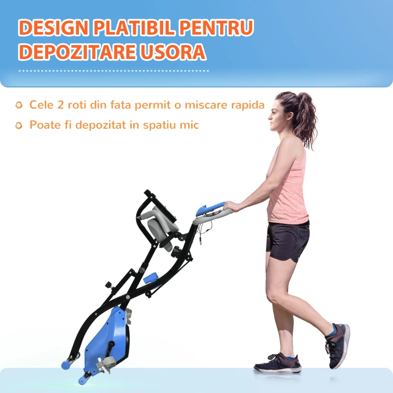 HOMCOM Bicicletă Pliabilă cu 8 Niveluri Rezistență și Corzi Elastice pentru Brațe, Albastru