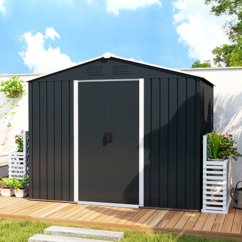 Outsunny Abrigo de Jardim de 3,6 m² 236x174x190 cm para Armazenamento de Ferramentas com Portas de Correr e 4 Janelas de Ventilação Cinza