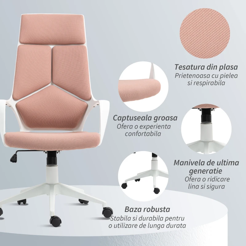 HOMCOM Scaun de Birou sau Gaming din Țesătură cu Spătar Înalt, Roz