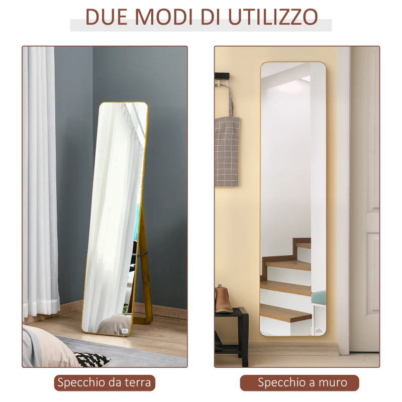 HOMCOM Specchio da Terra e da Parete con Struttura in Legno, Supporto Pieghevole con Cerniera, 37x43x156cm, Noce Chiaro