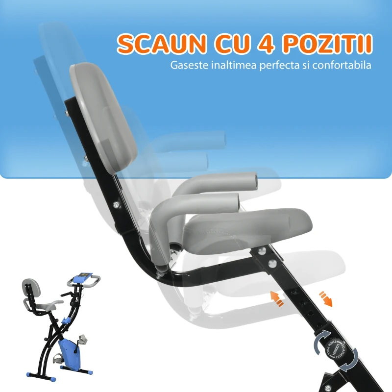 HOMCOM Bicicletă Pliabilă cu 8 Niveluri Rezistență și Corzi Elastice pentru Brațe, Albastru