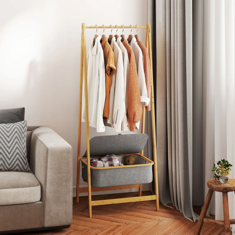 HOMCOM Stender per Abiti Pieghevole in Bambù con Cesto di Stoffa con Coperchio per Ingresso Camera da Letto 60x44,5x157,5 cm Grigio