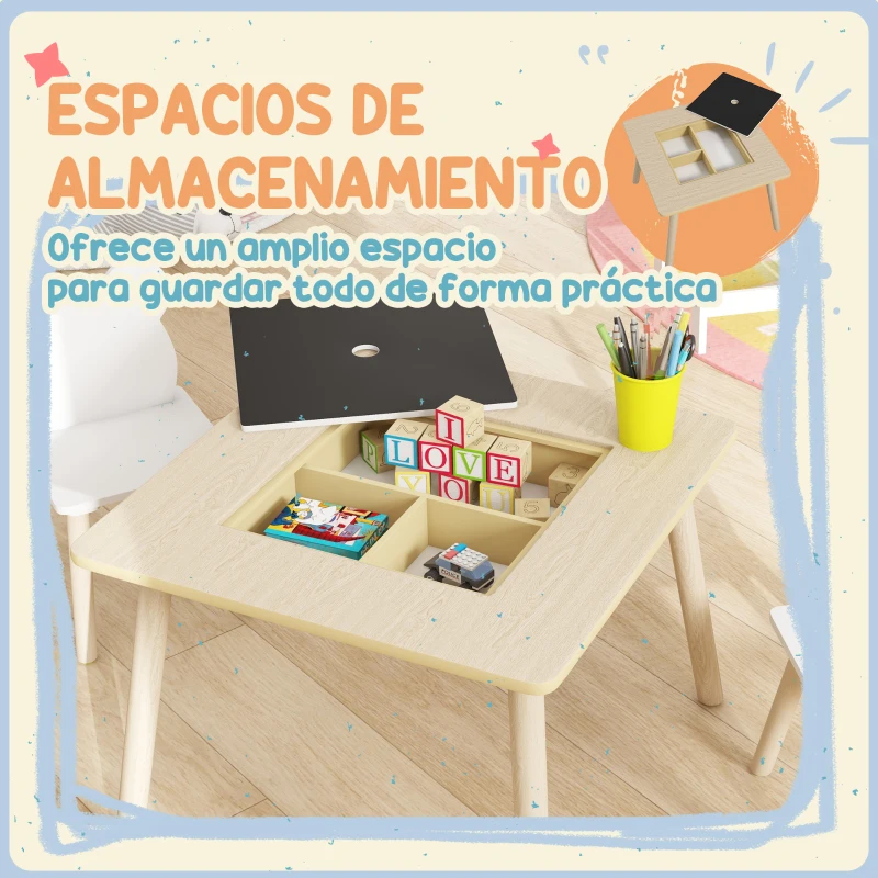 AIYAPLAY Juego de Mesa y 2 Sillas Infantiles de Madera con Compartimentos y Pizarra Desmontable 60x60x44 cm Natural y Blanco