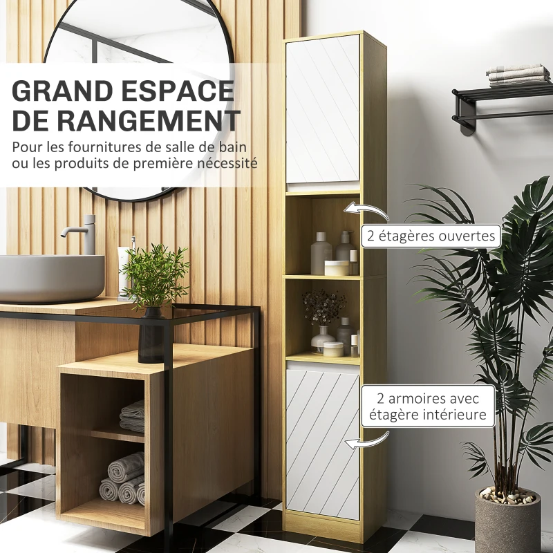 HOMCOM Meuble colonne rangement salle de bain style cosy 30 x 24 x 170 cm 2 portes étagère 2 niches chêne clair blanc