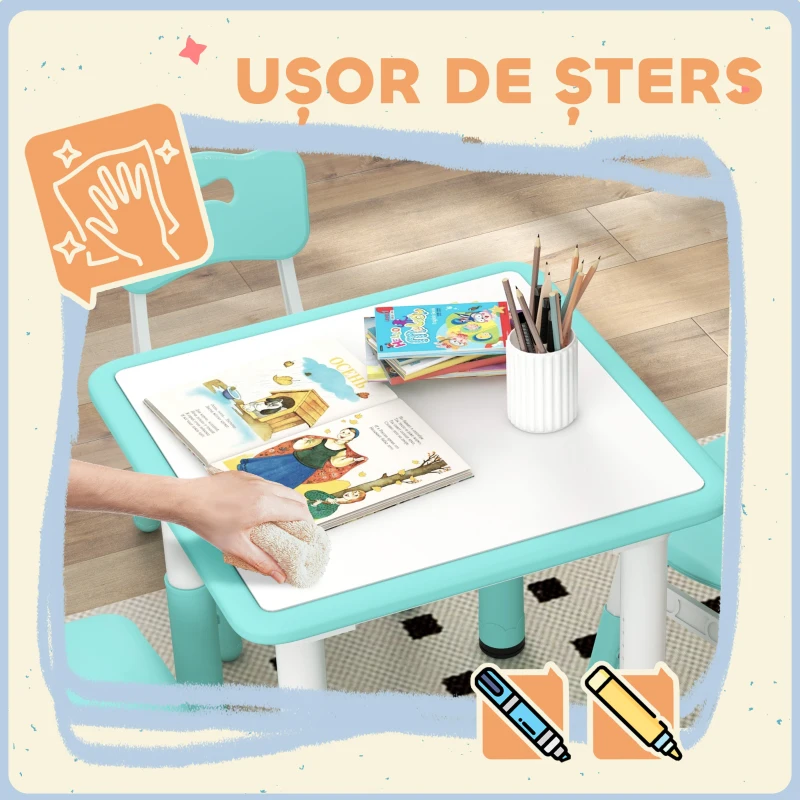 AIYAPLAY Set Măsuță și Scaune pentru Copii 18-60 Luni cu Înălțime Reglabilă și Tablă de Scris, 60x60x46-58 cm, Verde