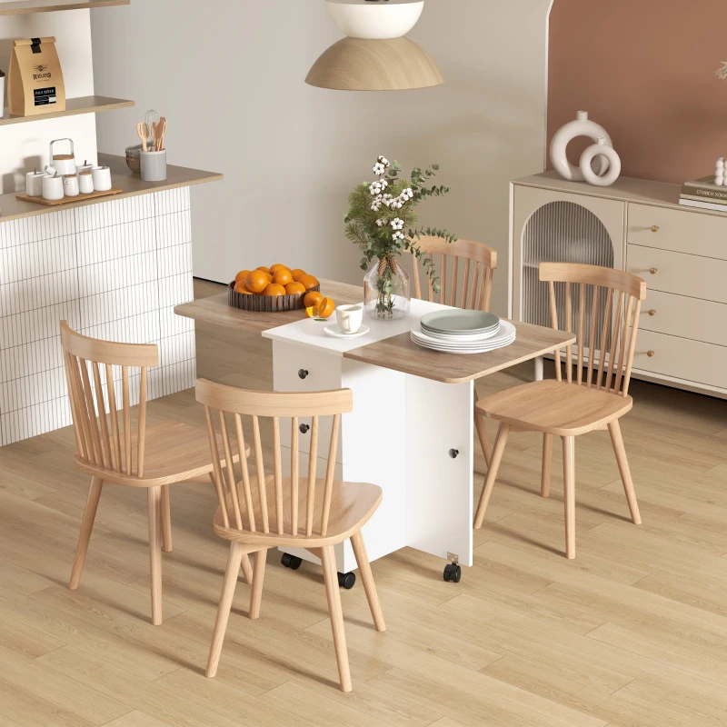 HOMCOM Table de cuisine pliable table à manger pliante 2 plateaux rabattables avec 2 tiroirs 1 placard blanc et chêne