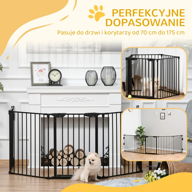 PawHut 2 w 1 Ogrodzenie dla Zwierząt Domowych, Wybieg dla Szczeniąt, Brama Bezpieczeństwa, Składany, Metal, 300 x 3 x 74,5 cm, Czarny