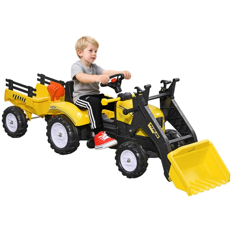 HOMCOM Escavatore a Pedali per Bambini da 3 Anni con Ruspa Frontale, Rimorchio e 6 Ruote, Giallo