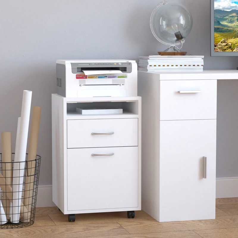 HOMCOM Caisson de bureau rangement bureau sur roulettes tiroir placard niche panneaux particules blanc