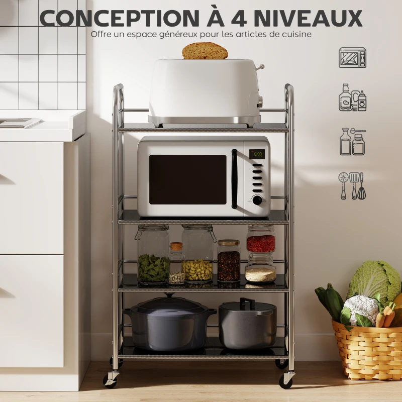 HOMCOM Desserte cuisine, chariot de service à 4 niveaux en acier inoxydable 201 avec poignées, roues, 60 x 35 x 100 cm, argenté