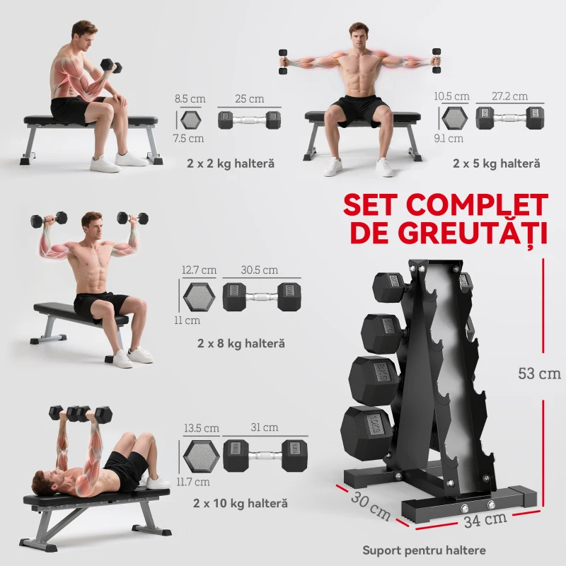 SPORTNOW Set Gantere Hexagonale cu Suport pentru Economisirea Spațiului, de la 2 kg la 10 kg, Negru