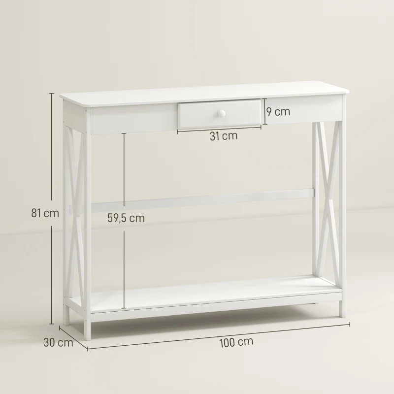 HOMCOM Mesa de Consola de Madera Mesa de Entrada con 1 Cajón y 1 Estante de Almacenaje para Pasillo Salón 100x30x81cm Blanco
