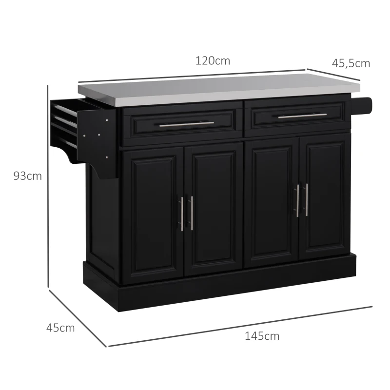 HOMCOM Ilha de Cozinha com Rodas Bancada de Aço Inoxidável 2 Gavetas 4 Portas e 2 Prateleiras Ajustáveis 145x45x93 cm Preto