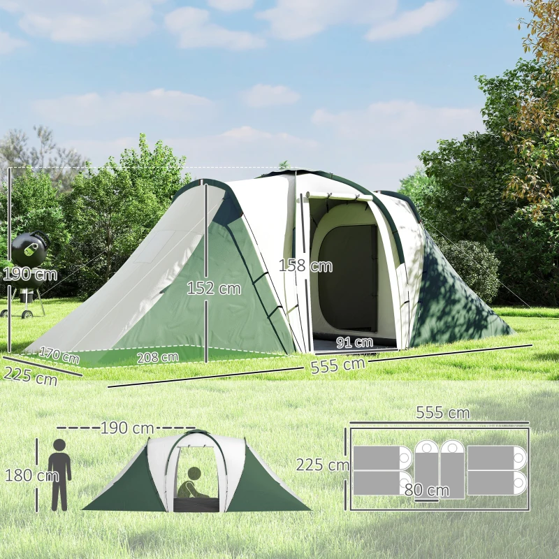 Outsunny Tenda de Campismo Familiar para 4-6 Pessoas com 2 Dormitórios Impermeável 3000 mm com Bolsa 555x225x190 cm Cinza e Verde
