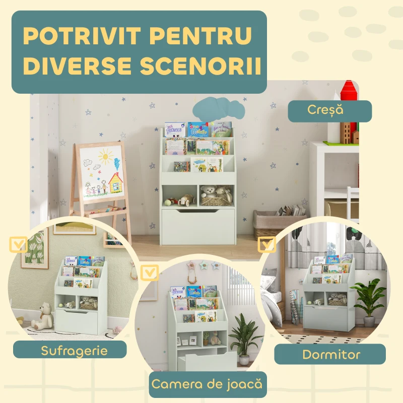 HOMCOM Bibliotecă pentru Copii cu Rafturi, Sertar și Roți, Raft pentru Jucării și Cărți, 60x29.9x90 cm, Verde