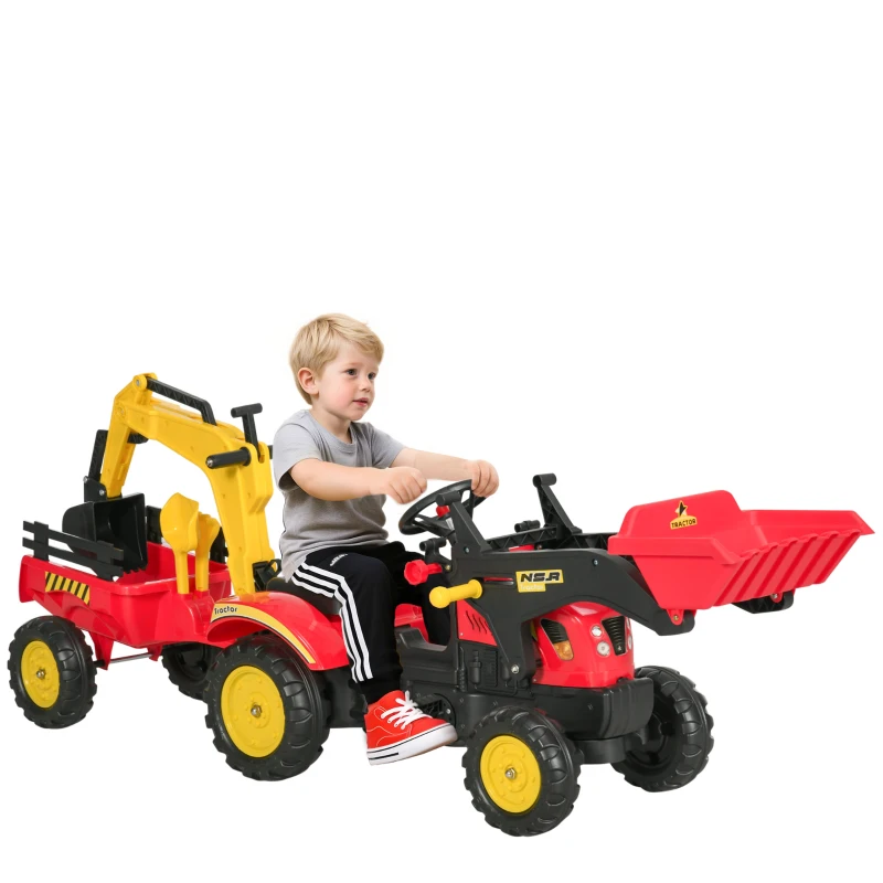 HOMCOM Trettraktor mit Anhänger, Frontlader, verstellbarer Schaufel, Traktor Tretfahrzeug für Kinder ab 3 Jahren Rot