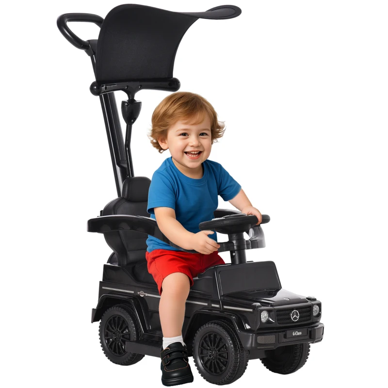 HOMCOM Porteur Enfants Voiture Enfant Multi-équipée 12-36 Mois klaxon Marche-Pieds, Garde-Corps et ombrelle Noir