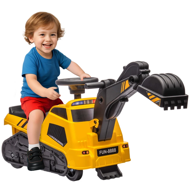 HOMCOM Ruspa Giocattolo 3 in 1 con Volante e Benna di Scavo, 100x43x48.5 cm, Giallo e Nero
