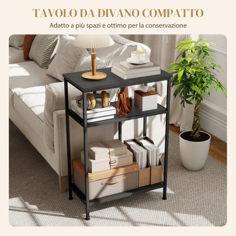 HOMCOM Mobile Consolle a 3 Ripiani con Struttura in Metallo e Legno, 55x30x81 cm, Nero