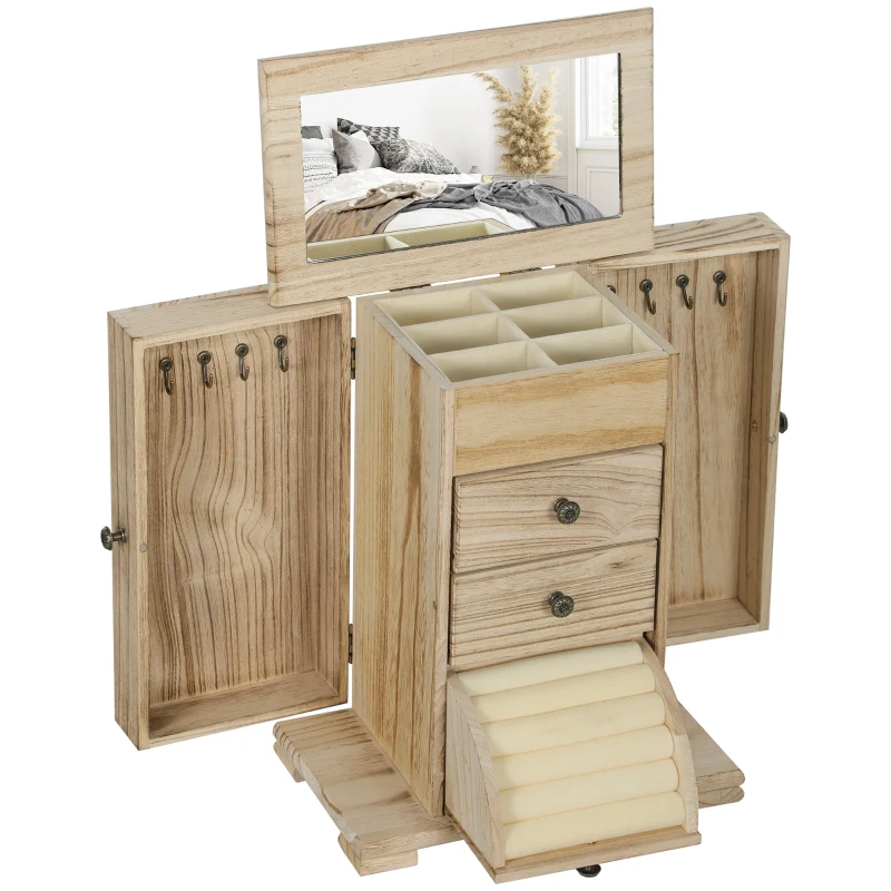 HOMCOM Caixa Joias de Madeira de 4 Níveis Organizador de Joias com 2 Gavetas e Espelho 26,5x16x33,5 cm  Madeira