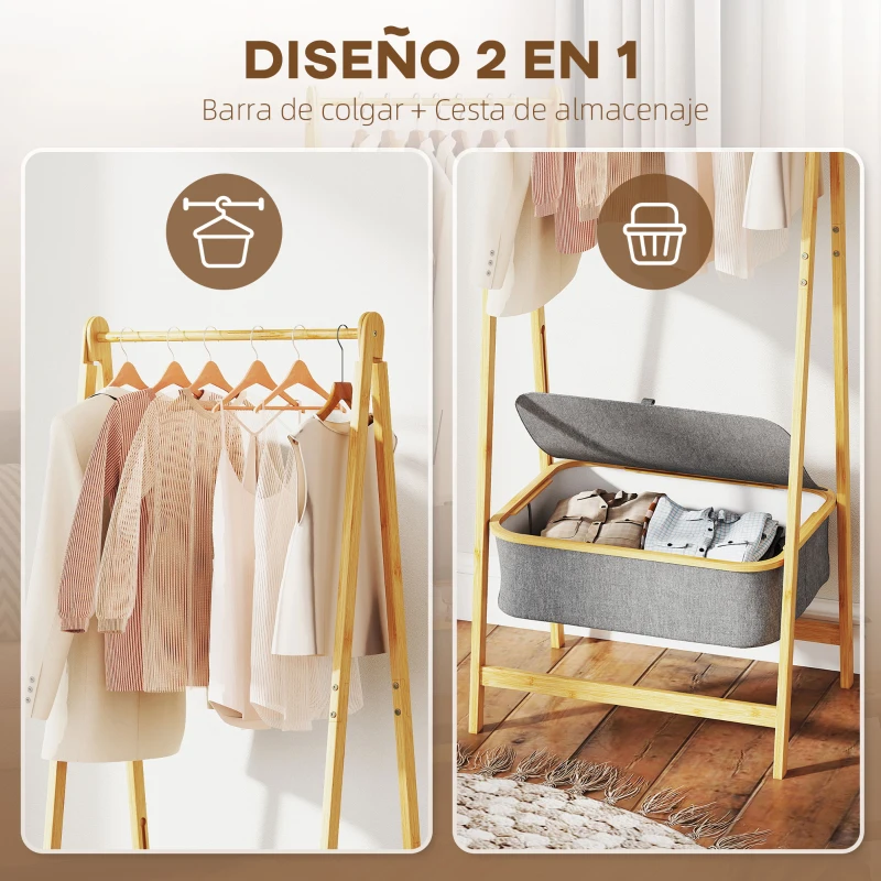 HOMCOM Burro para Ropa Plegable de Bambú con Cesta de Tela con Tapa para Recibidor Entrada Dormitorio 60x44,5x157,5 cm Gris