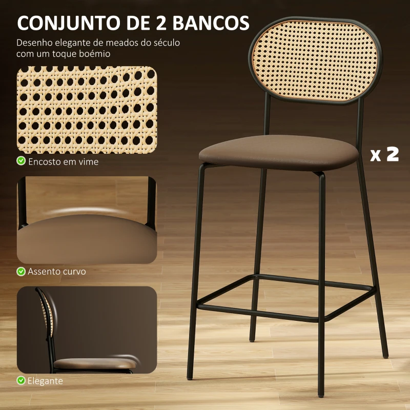HOMCOM Conjunto de 2 Bancos de Bar Bancos Altos de Cozinha com Encosto em Vime Assento em PU Estrutura de Aço 45x50x97 cm Marrom
