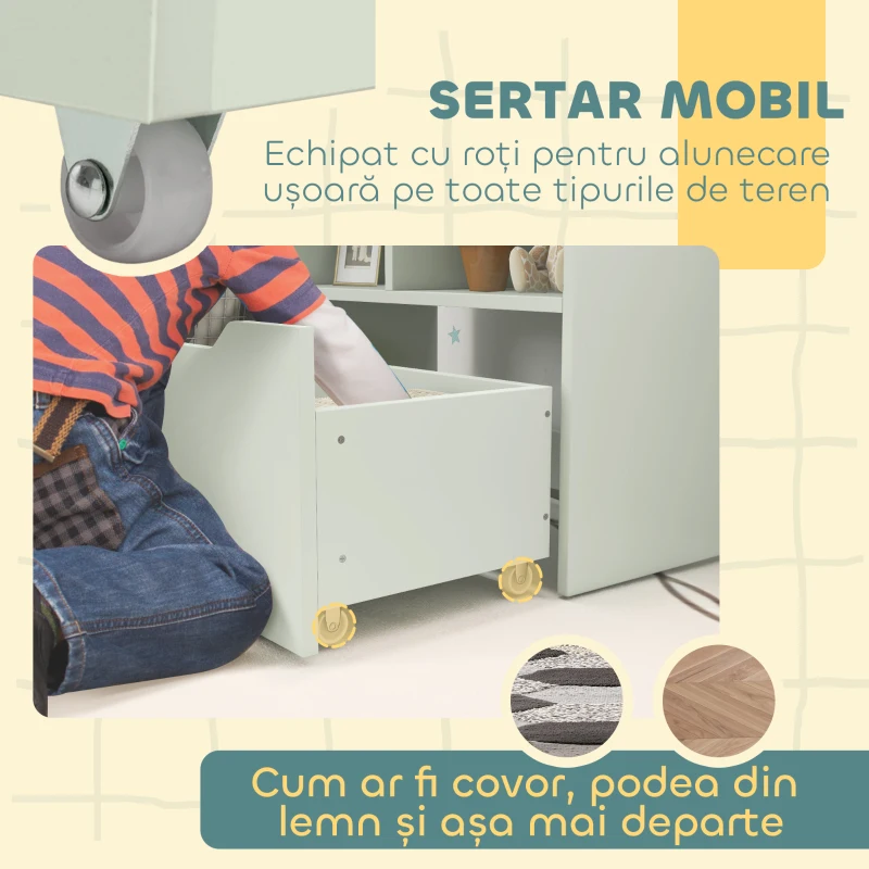 HOMCOM Bibliotecă pentru Copii cu Rafturi, Sertar și Roți, Raft pentru Jucării și Cărți, 60x29.9x90 cm, Verde