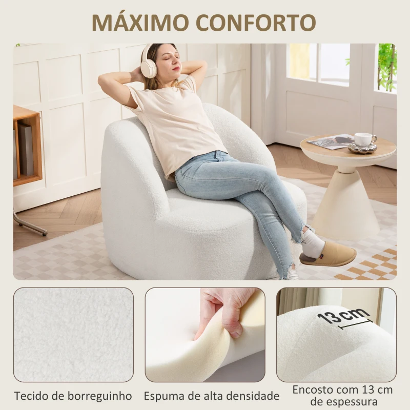 HOMCOM Poltrona Moderna Estofada em Borreguito Poltrona de Leitura Curvo com Almofadado Grosso 81x82x73,5 cm Creme