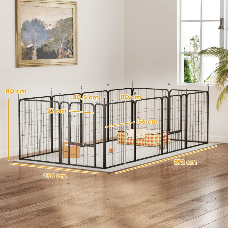 PawHut Țarc pentru Câini din 12 Panouri Portabil și Detașabil, 204x204x80 cm, Negru