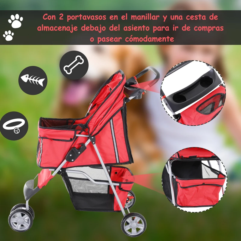 PawHut Carrito para Perros Pequeños con Cesta de Almacenaje Ventanas de Malla y 2 Ruedas Universales 75x45x97 cm Rojo