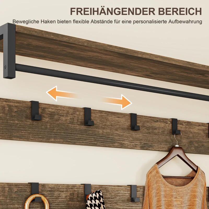 HOMCOM 6-in-1 Kapstok met Schoenenbank en Schoenenrek, Industrieel Ontwerp, 10 Haken, 2 Stoffen Laden, Metaal, Bruin(m-5)