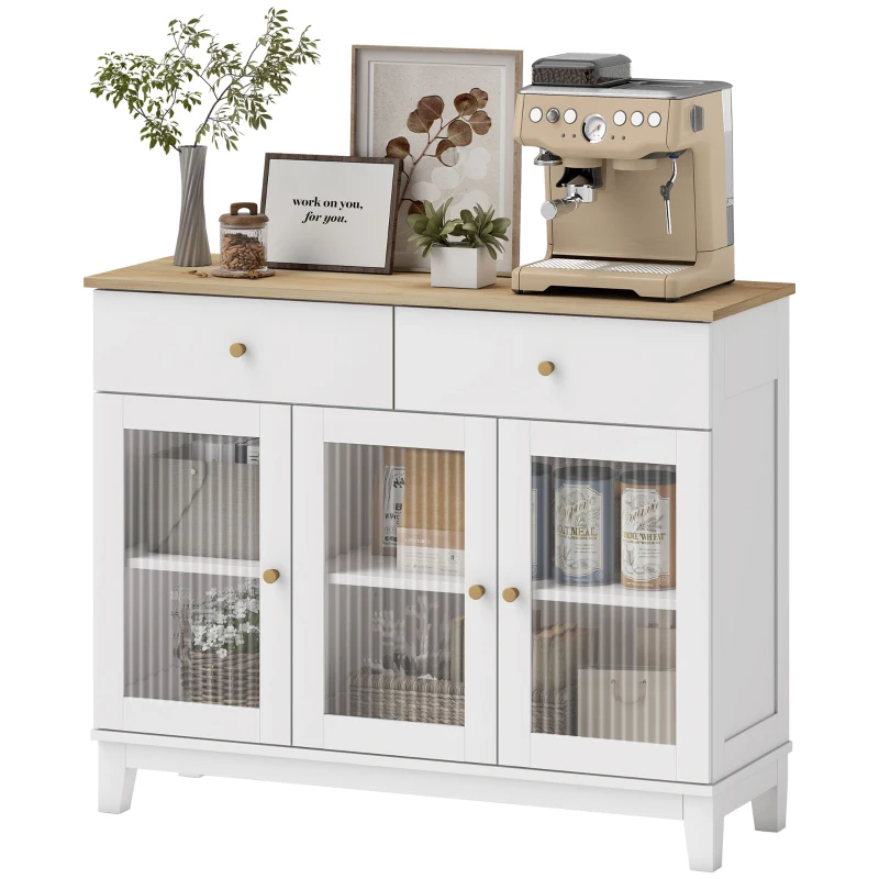 HOMCOM Buffet salon avec 2 placards à portes en verre trempé nervuré, 2 tiroirs et étagères réglables, 100 x 35 x 80,3 cm, blanc