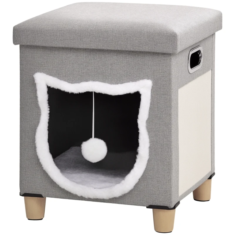 PawHut Casetta per Gatti con Tiragraffi, Cuscino e Pallina, in Legno e Poliestere, 35.5x35.5x42.5 cm, Crema e Grigio