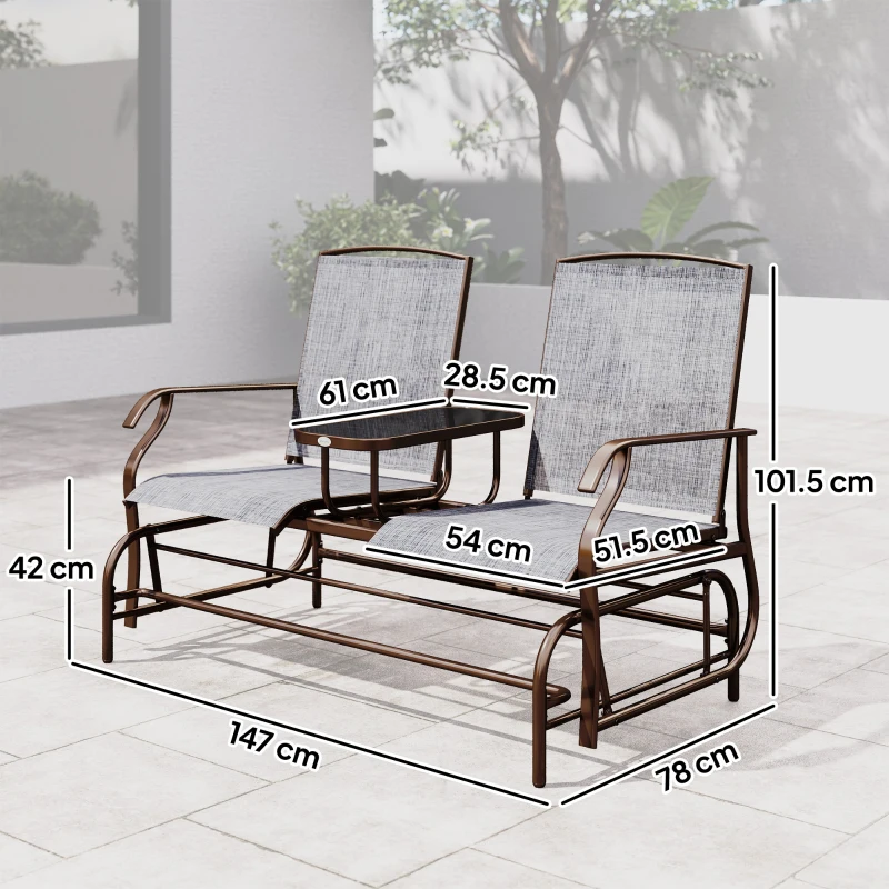 Outsunny Panchina a Dondolo da Giardino a 2 Posti in Metallo e Tessuto a Rete Traspirante, 147x78x101.5cm, Marrone e grigio