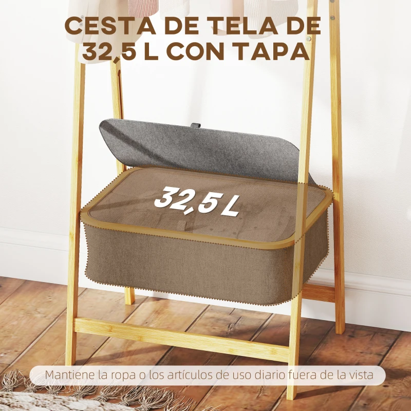 HOMCOM Burro para Ropa Plegable de Bambú con Cesta de Tela con Tapa para Recibidor Entrada Dormitorio 60x44,5x157,5 cm Gris
