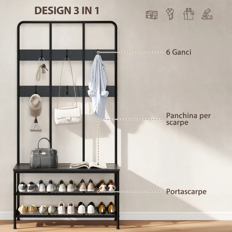 HOMCOM Appendiabiti da Ingresso 3 in 1 con 6 Ganci e Panca con Scarpiera, 91x36x180 cm, Nero