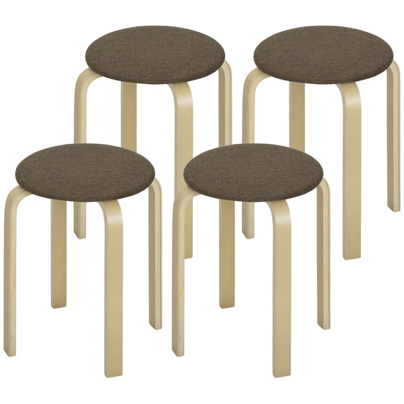 HOMCOM Conjunto de 4 Bancos Empilháveis Redondos Bancos Baixos de Cozinha com Assento Acolchoado Ø40x45 cm Marrom e Madeira