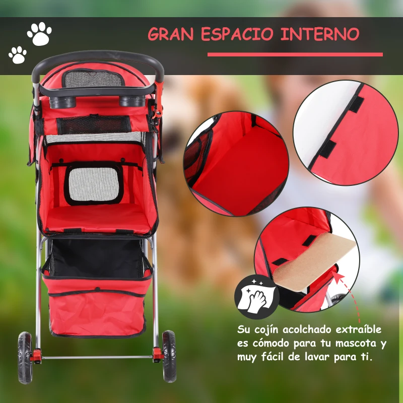 PawHut Carrito para Perros Pequeños con Cesta de Almacenaje Ventanas de Malla y 2 Ruedas Universales 75x45x97 cm Rojo