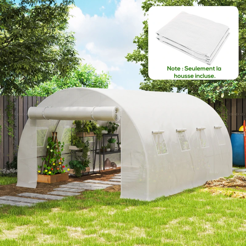Outsunny Bâche de rechange serre tunnel 12 m² 4 x 3 x 2 m PE anti-UV imperméable 8 fenêtres + porte enroulable zippée blanc
